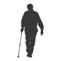 silhouette elderly man with walking stick full body black color only