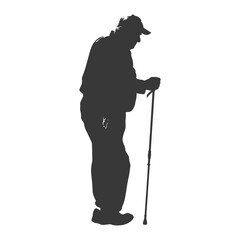 silhouette elderly man with walking stick full body black color only