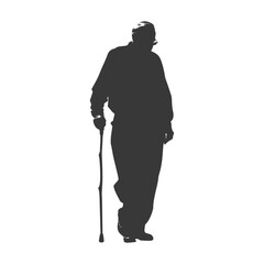 silhouette elderly man with walking stick full body black color only