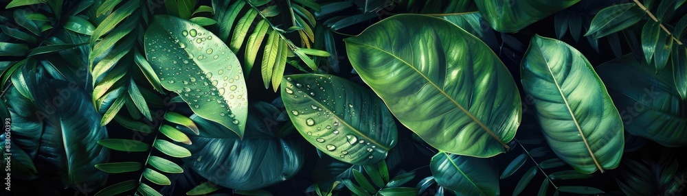Poster a lush display of tropical green leaves with water droplets, creating a vibrant natural background f