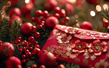 A red envelope with flowers on it is surrounded by red berries