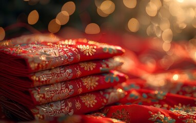 A stack of red and gold fabric with blue flowers