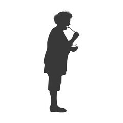 silhouette elderly woman brushing his teeth in front of mirror black color only