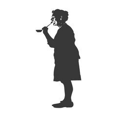 silhouette elderly woman brushing his teeth in front of mirror black color only