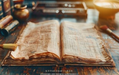 A book is open on a table with a brush and a bowl