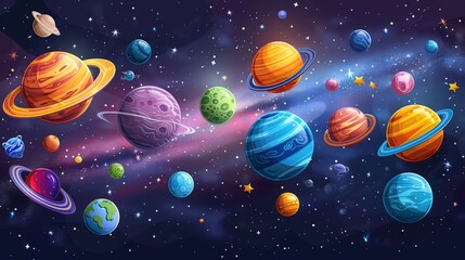 Fototapeta premium breathtaking view colorful galaxy space and planets set on dark background illustration, colorful planetary satellites on a black background