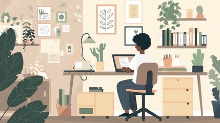 Fototapeta premium Remote Work from a Cozy Home Office with Lush Greenery