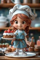 A cartoon girl is holding a cake on a plate