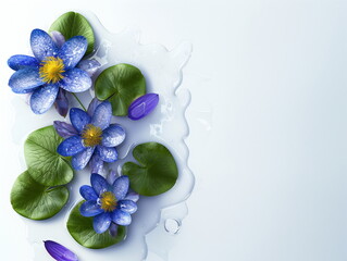 Blue lotus flowers and green leaves on a white background, 3D rendering, HD, high resolution, top view, with water drops, purple flower petals, water droplets, white space at the bottom of the picture