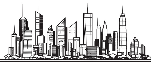 Naklejka premium Minimalist City Skyline Line Drawing Graphic Line Drawing of City Skyline Emblem