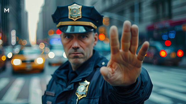 policeman directing traffic, zooming in on his outstretched hand signaling 'stop' in a busy city street