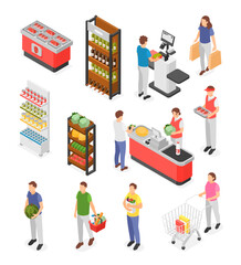 Isometric people in grocery supermarket. Person on cash self service buy food. Different products on stalls and stands. Flawless vector scenes