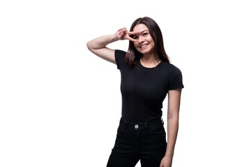 Fototapeta premium Caucasian young brunette woman with black hair greeting on white background