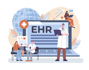 Ehr concept. Electronic medical record, doctor with laptop and info on screen. Healthcare, smart modern hospital technologies, kicky vector scene