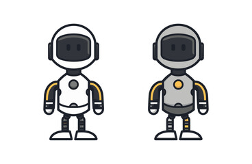 Two small robots standing side by side, one white and one grey, with simple designs. Flat vector illustration.