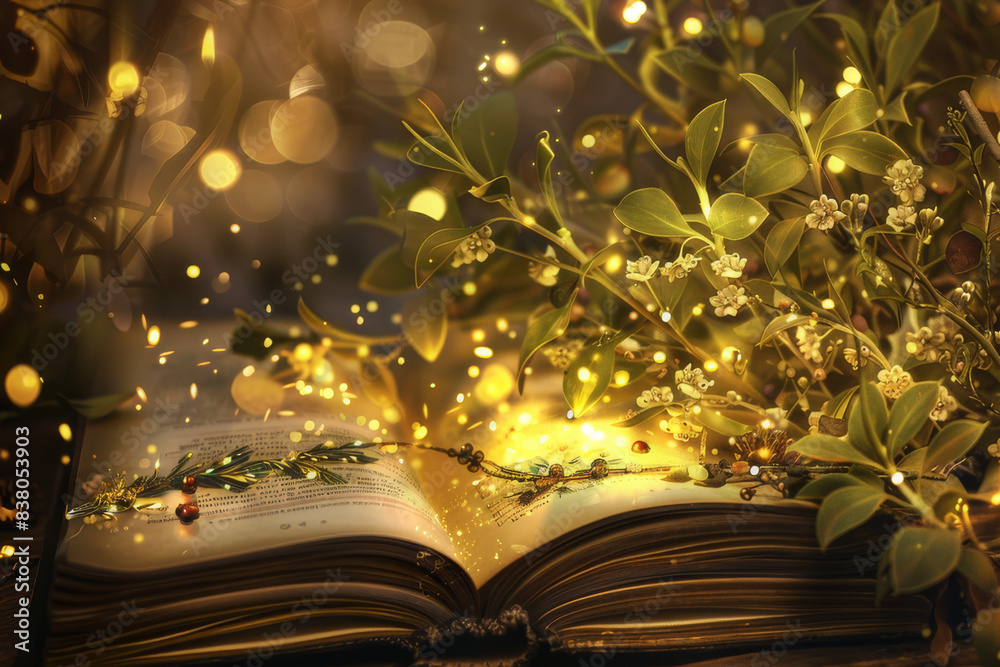 Poster an image depicting an open book or storyteller sharing the myths and folklore associated with mistle