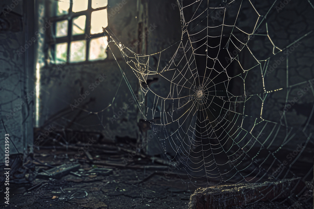 Poster an image depicting a spider web in an abandoned building or room, symbolizing neglect and the passag