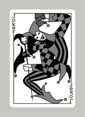 Joker playing card in black, white and grey colors, in funny comic modern linear style. Vector illustration