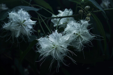 Fototapeta premium The delicate beauty of Trichosanthes cucumerina's white, frilly flowers, which bloom at night - Generative AI