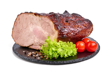 Baked pork roast, spicy glazed meat, isolated on white background. High resolution image