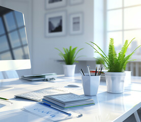 Modern office desk with plants and computer