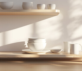 White ceramic bowls and pitchers on a modern shelf