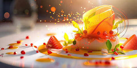 A cook delicately arranges ingredients on a plate, preparing a delectable meal that will delight the senses