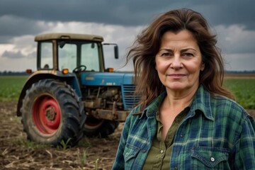A middle-aged woman farmer in front of a tractor.