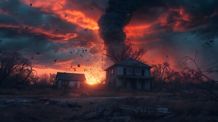 A dramatic tornado rips through a rural landscape at sunset.