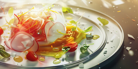 A cook delicately arranges ingredients on a plate, preparing a delectable meal that will delight the senses