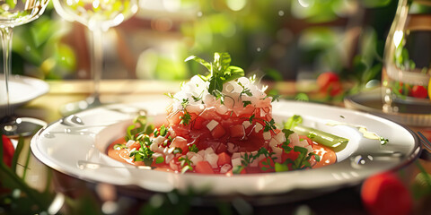 A cook delicately arranges ingredients on a plate, preparing a delectable meal that will delight the senses