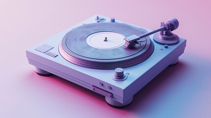 Vintage turntable with vinyl record in pastel lighting, showcasing retro music technology. Perfect for music and retro themed designs. 3D Illustration.