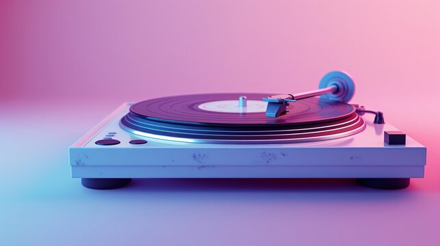 Vintage turntable with vinyl record in vibrant neon lighting, perfect for music, retro, and nostalgic themes. 3D Illustration.