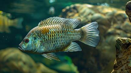 Obraz premium Tilapia Swimming Under Shallow and Clear River Water