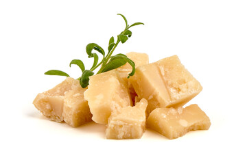 Parmesan cheese chunks, hard cheese, isolated on white background