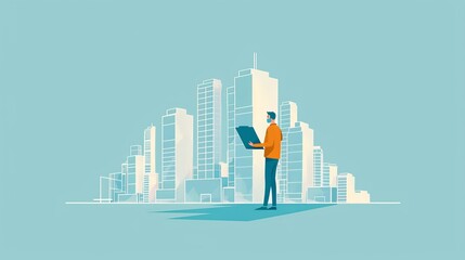 Architect developing a master plan for a new district, whole body solid color background, flat style