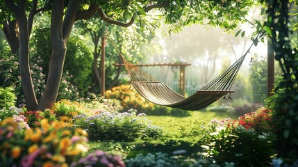 A tranquil patio scene with a hammock suspended between two trees, overlooking a well-tended garden bursting with colorful flowers and verdant shrubs.