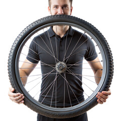 Naklejka premium A man is holding a tire in his hands