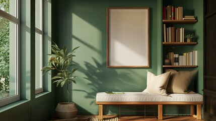A tranquil reading nook with a window seat and built-in bookshelves, showcasing an empty mockup frame on a calming green accent wall.