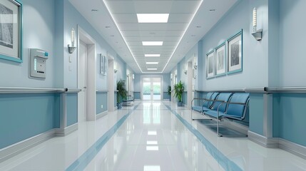 Obraz premium hospital bright corridor with rooms and blue seats 3D rendering