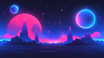 Digital retro landscape 1980's style retro wave sunset and mountain. Futuristic cyber surface. 80s Retro Sci-Fi background. View illustration in retro futuristic in the style of the 80-90s.