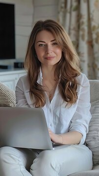 front photo of attractive 35 yr old polish woman wearing a white shirt sitting on a couch and working on a laptop