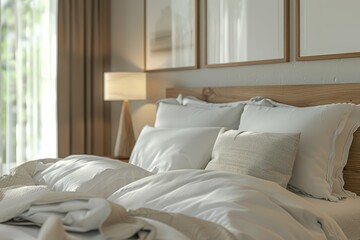 Bedroom interior design details. Comfortable bed with soft white pillows and bedding in bed