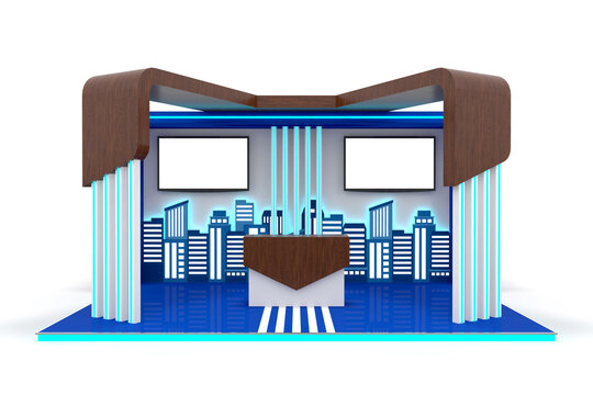 3d illustration stand booth 6x4 m futuristic digital style decoration with blank LED TV screen logo company and information table lighted fascia for event exhibition. Image background isolated.