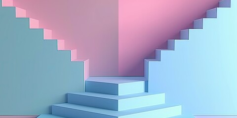 Fototapeta premium a image of a set of stairs in a room with a pink and blue wall