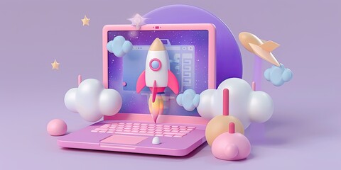 3D Illustration of Rocket Launching from Laptop