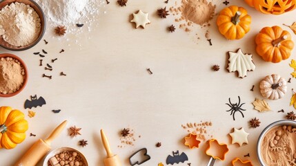 Autumn Baking Concept with Pumpkin, Spices, and Cookie Cutters on Cream Background