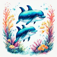 Two cute cartoon dolphins swimming joyfully among vibrant coral reefs and colorful fish. This charming illustration captures a lively underwater scene.