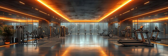 Obraz premium Spacious gym with exercise equipment, panoramic windows with sunlight 