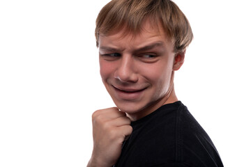 Satisfied blonde teenager is happy on white background